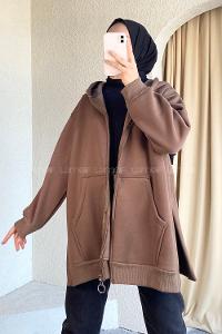 Modalamelif Kapüşon Yaka Yırtmaçlı Fermuar Detaylı Sweatshirt Acı Kahve