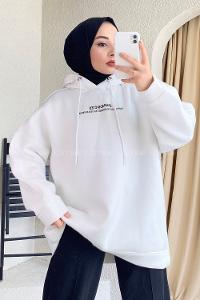 Modalamelif Kapüşonlu Yazı Baskılı Sweatshirt Beyaz