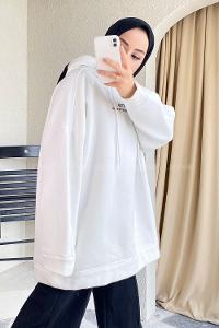 Modalamelif Kapüşonlu Yazı Baskılı Sweatshirt Beyaz