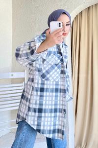 Modalamelif Önü Boydan Düğmeli Kapak Cepli Polar Ekose Gömlek Gri