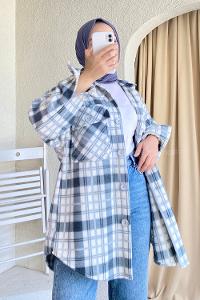 Modalamelif Önü Boydan Düğmeli Kapak Cepli Polar Ekose Gömlek Gri