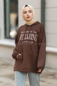 Modalamelif Kapüşon Detaylı Well Being Yazı Baskılı Kanguru Cepli Sweat Acı Kahve