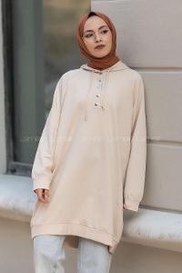 Modalamelif Kapüşonlu Yarım Çıtçıt Düğmeli Tunik Bej