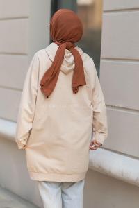 Modalamelif Kapüşonlu Yarım Çıtçıt Düğmeli Tunik Bej