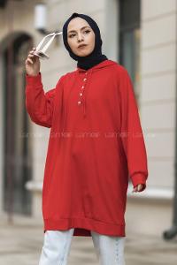 Modalamelif Kapüşonlu Yarım Çıtçıt Düğmeli Tunik Kırmızı