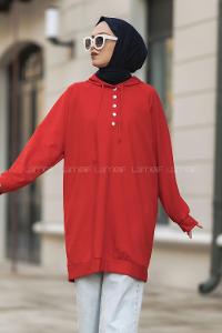 Modalamelif Kapüşonlu Yarım Çıtçıt Düğmeli Tunik Kırmızı