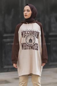 Modalamelif Kapüşonlu Yazı Baskılı Renk Garnili Detaylı Tunik Acıkahve-Krem