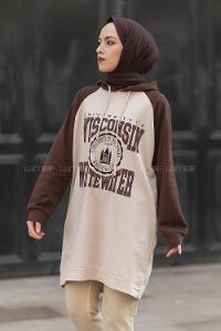 Modalamelif Kapüşonlu Yazı Baskılı Renk Garnili Detaylı Tunik Acıkahve-Krem