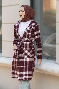 Modalamelif Kare Desenli Kuşaklı Çift Cepli Kaşe Kaban Bordo