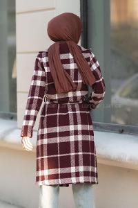 Modalamelif Kare Desenli Kuşaklı Çift Cepli Kaşe Kaban Bordo