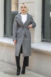 Modalamelif Kuşak Bağlama Detaylı Kaşe Kaban Gri