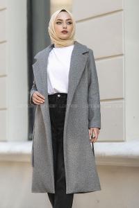 Modalamelif Kuşak Bağlama Detaylı Kaşe Kaban Gri