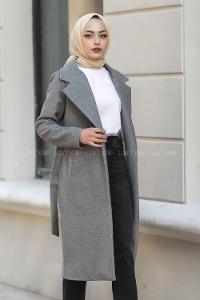 Modalamelif Kuşak Bağlama Detaylı Kaşe Kaban Gri