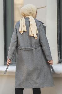 Modalamelif Kuşak Bağlama Detaylı Kaşe Kaban Gri