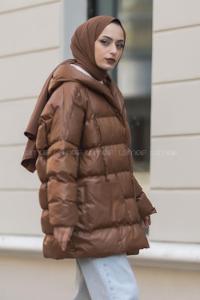 ModalamelifÖnü Fermuarlı Kapşonlu Kısa Oversize Şişme Mont Taba