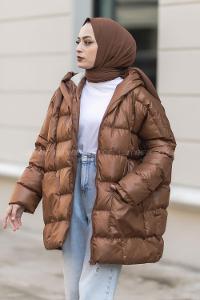 ModalamelifÖnü Fermuarlı Kapşonlu Kısa Oversize Şişme Mont Taba