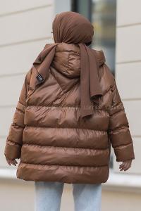 ModalamelifÖnü Fermuarlı Kapşonlu Kısa Oversize Şişme Mont Taba