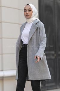 üğme Detaylı Çift Cepli Kaban Gri