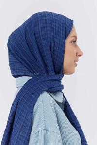 Modalamelif Kraş Pamuk Ekose Desenli Şal İndigo