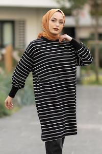 Modalamelif Balon Kol İnce  Çizgili Tunik Siyah