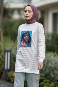 Modalamelif Bisiklet Yaka Çizgi Desenli Girl Baskılı Sweat Lila