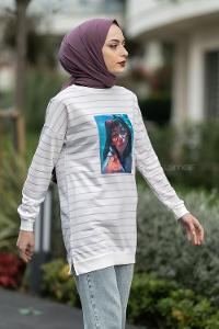 Modalamelif Bisiklet Yaka Çizgi Desenli Girl Baskılı Sweat Lila