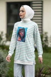 Modalamelif Bisiklet Yaka Çizgi Desenli Girl Baskılı Sweat Pastel Yeşil