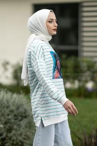 Modalamelif Bisiklet Yaka Çizgi Desenli Girl Baskılı Sweat Pastel Yeşil