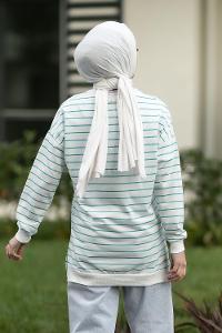 Modalamelif Bisiklet Yaka Çizgi Desenli Girl Baskılı Sweat Pastel Yeşil