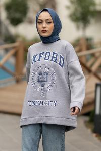 Modalamelif Bisiklet Yaka Oxford Yazı Baskı Detaylı Sweat Gri