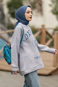Modalamelif Bisiklet Yaka Oxford Yazı Baskı Detaylı Sweat Gri