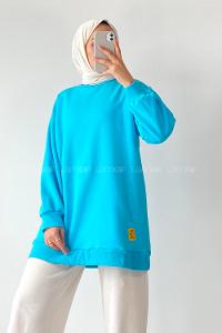 Modalamelif Bisiklet Yaka Salaş Arma Nakışlı Sweatshirt Turkuaz