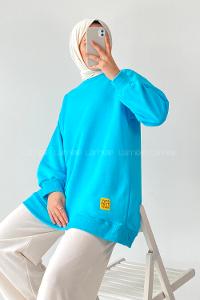 Modalamelif Bisiklet Yaka Salaş Arma Nakışlı Sweatshirt Turkuaz