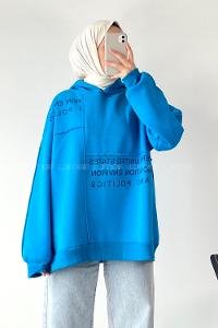 Modalamelif Dikişli Salaş Yazı Baskılı Sweatshırt Turkuaz