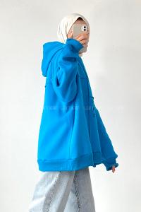 Modalamelif Dikişli Salaş Yazı Baskılı Sweatshırt Turkuaz