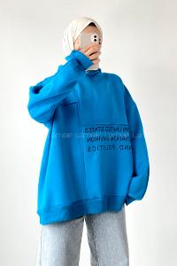 Modalamelif Dikişli Salaş Yazı Baskılı Sweatshırt Turkuaz