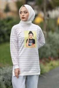 Modalamelif Ele Nao Girl Baskılı Çizgi Desenli Sweat Lila