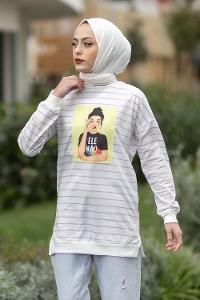 Modalamelif Ele Nao Girl Baskılı Çizgi Desenli Sweat Lila