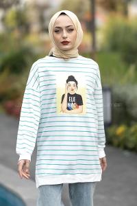 Modalamelif Ele Nao Girl Baskılı Çizgi Desenli Sweat Pastel Yeşili