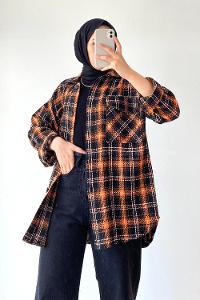 Modalamelif Kapak Çift Cep Detaylı Ekose Oduncu Gömlek Oranj-Siyah