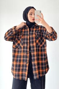 Modalamelif Kapak Çift Cep Detaylı Ekose Oduncu Gömlek Oranj-Siyah