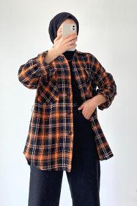 Modalamelif Kapak Çift Cep Detaylı Ekose Oduncu Gömlek Oranj-Siyah