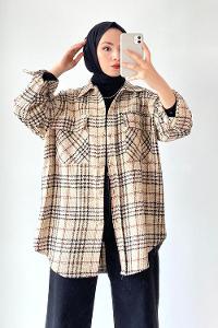 Modalamelif Kapak Çift Cep Detaylı Ekose Salaş Gömlek Bej