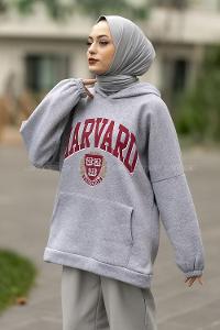 Modalamelif Kapüşon Detaylı Harvard Yazı Baskılı Model Sweat Gri