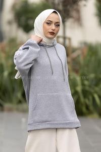 Modalamelif Kapüşon Detaylı Kanguru Cepli Sweat Gri