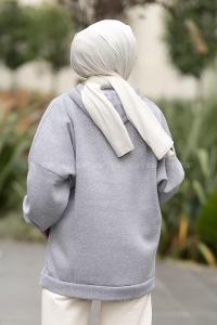 Modalamelif Kapüşon Detaylı Kanguru Cepli Sweat Gri