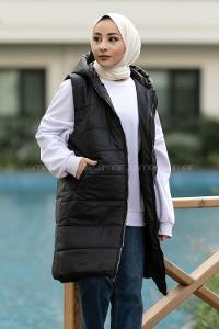 Modalamelif Kapüşonlu Çift Cepli Fermuarlı Şişme Mont Yelek Siyah