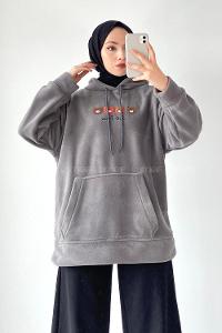 Modalamelif Kapüşonlu Kanguru Cepli Bear Baskılı Polar Sweatshirt Füme