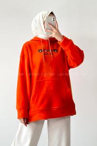 Modalamelif Kapüşonlu Kanguru Cepli Bear Baskılı Polar Sweatshirt Oranj