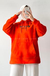 Modalamelif Kapüşonlu Kanguru Cepli Bear Baskılı Polar Sweatshirt Oranj